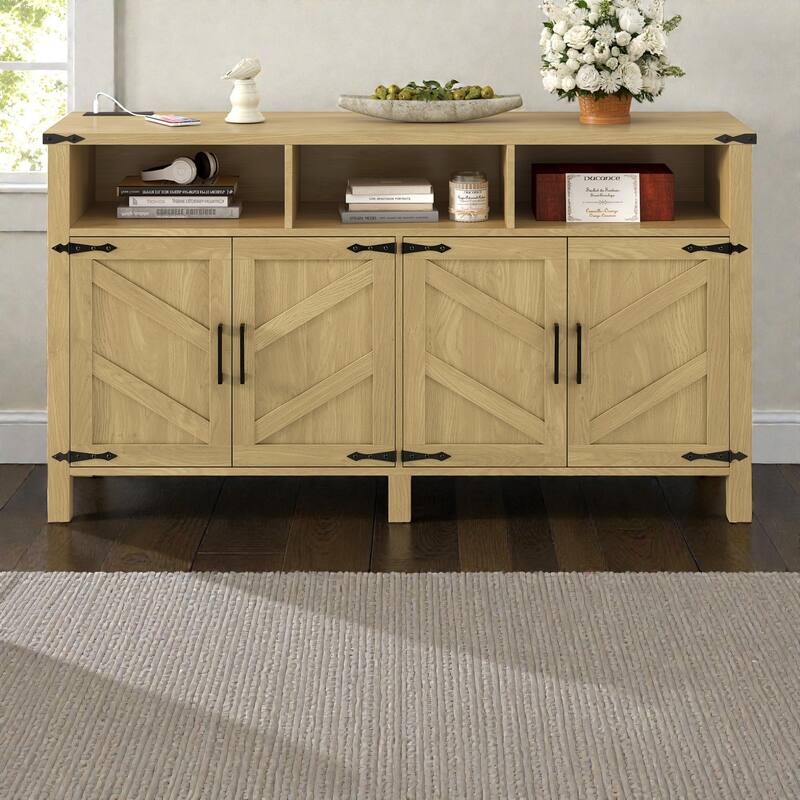 59" Modern 4-Door Sideboard with Power Outlets, USB Ports, Adjustable Shelves & Half-Open Storage Cabinet