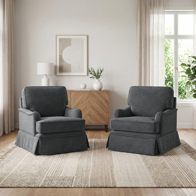 Set of 2 Chenille Swivel Accent Chair with Nailhead Trim Skirt - Grey