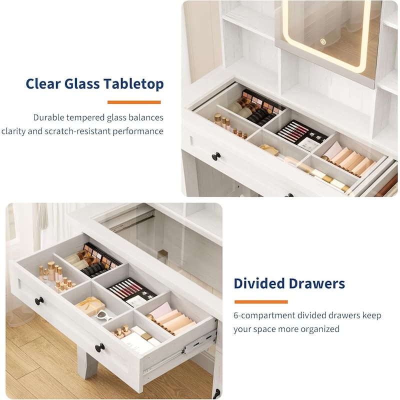 Farmhouse Makeup Vanity Desk with Stool, Mirror and Lights & Power Outlet