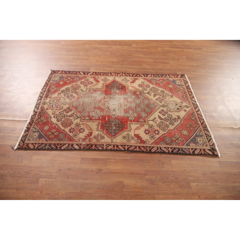 Distressed Tabriz Persian Vintage Rug Handmade Beige Wool Carpet - 3'4" x 5'0"