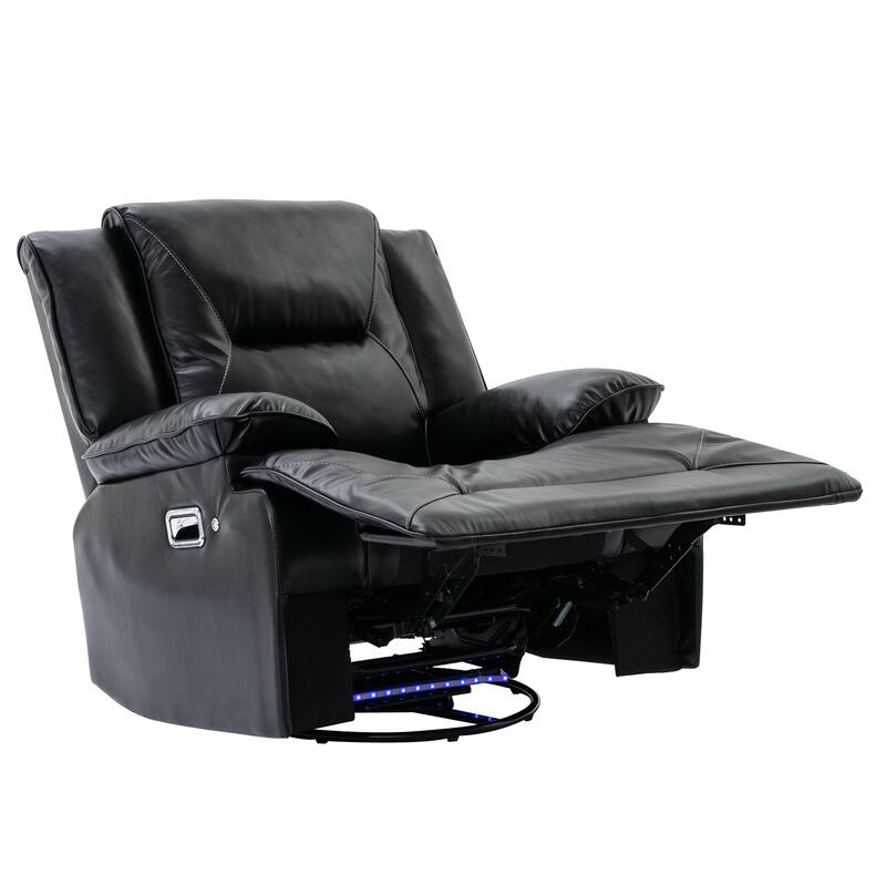PU Swivel Rocker Recliner with LED Light, Manual Recliner Chair for Home Theater, Soft Upholstered Single Sofa Chair