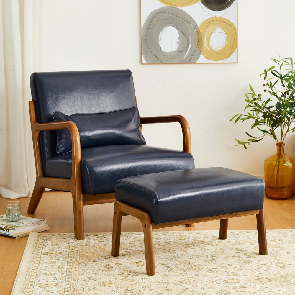 Glitzhome 30.75"H Mid-Century PU Leather Armchair with Ottoman Set