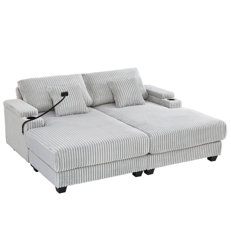 Corduroy Chaise Lounge Sofa Loveseat Sleeper Sofa with Adjustable Backrest, Cup Holders, Phone Holder and Dual Storage Armrest