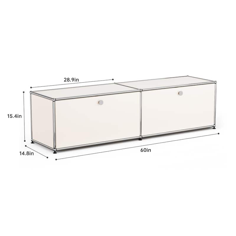 TV Stand Storage File Cabinet Organizer with Stainless Metal - White 1 Layer 2 Door