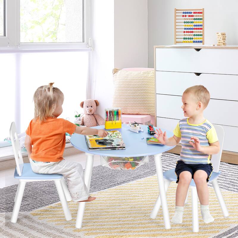 Costway Kids Wooden Round Table & 2 Chair Set w/ Center Mesh Storage - See Details