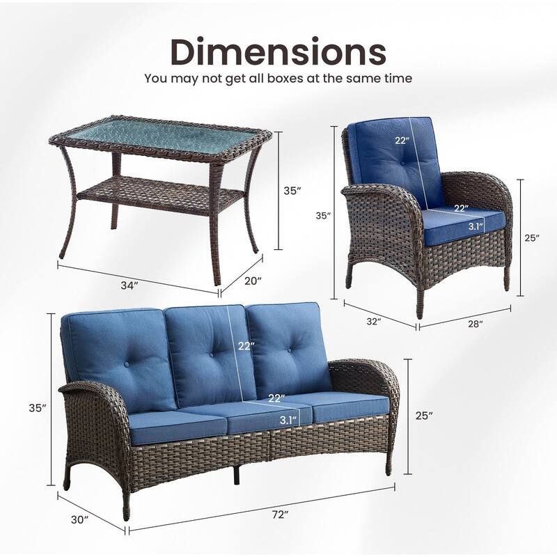 Gymojoy 4-Piece Outdoor Wicker Patio Furniture with 3 Seat Sofa, Rattan Coversation Set with Water Resistant Cushions