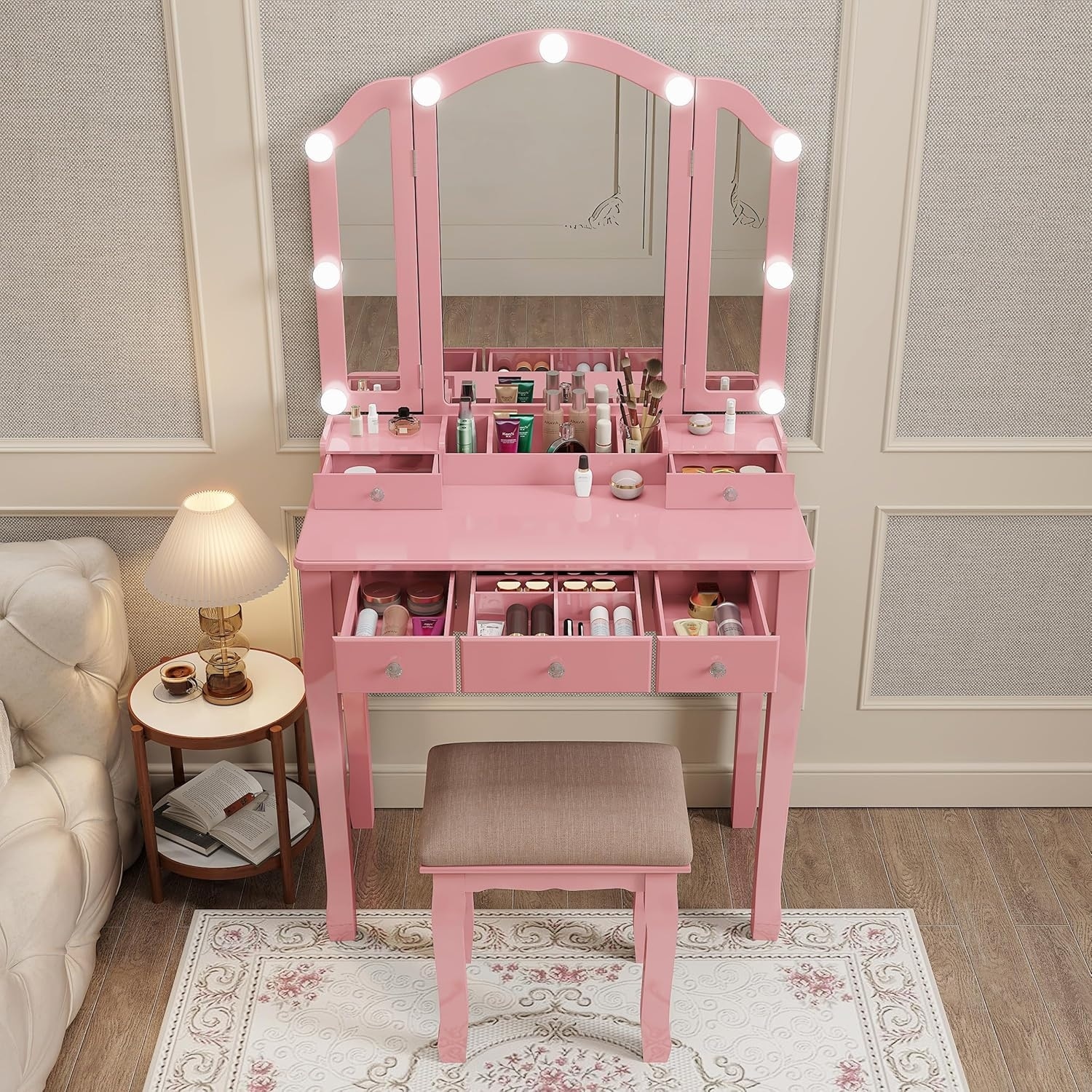 Adjustable Tri-Fold Mirror Makeup Vanity Desk with LED Lights and Storage Drawers