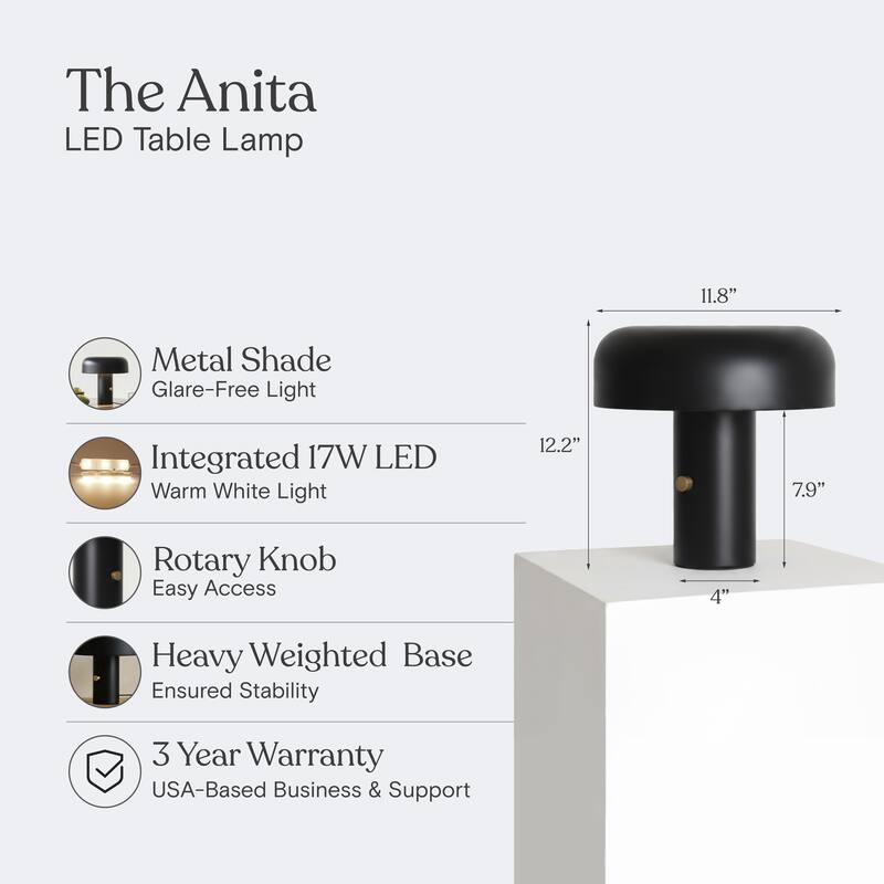 Anita LED 12.2 in Sanded Matte Black Modern Contemporary Round Dome Dimmable Bedside Nightstand Desk Lamp
