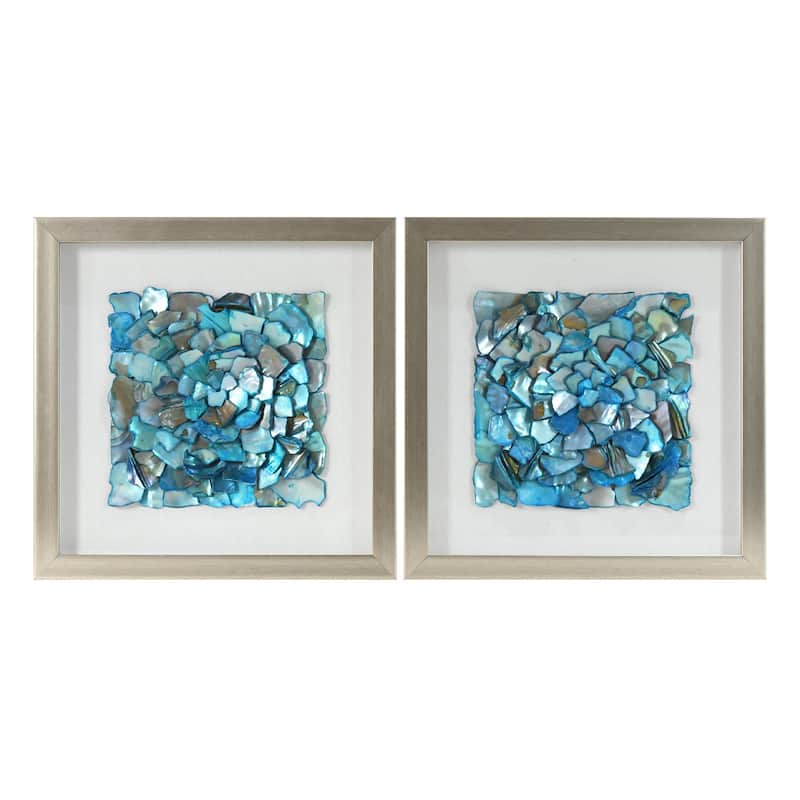 American Art Decor 2-Piece Coastal Seashell & Sea Glass Shadowbox Framed Wall Art Set - Aqua Teal Turquoise Square Seashell