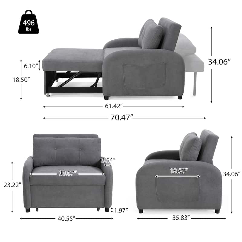 Roomfitters 3-in-1 Convertible Sleeper Sofa Bed, Pull-Out Loveseat Chair with Storage Pocket and Pillow