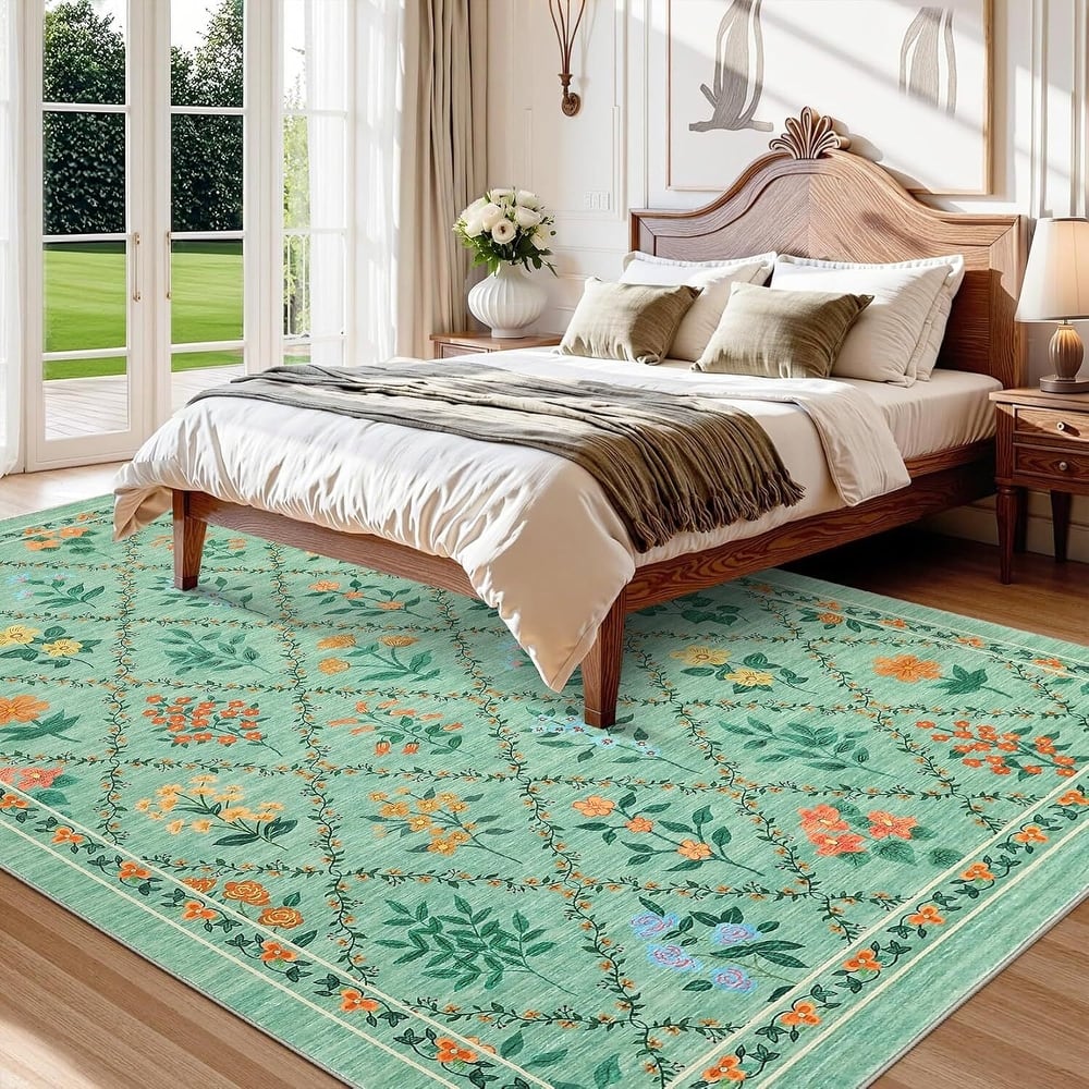 Vintage Floral Washbale Floor Cover Area Rug for Bedroom, Living Room, Light Green - 1'6" x 2'6"
