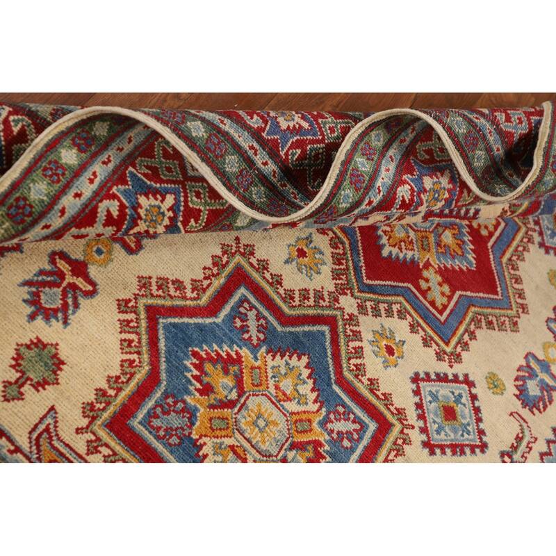 Geometric Kazak Oriental Area Rug Hand-Knotted Beige Wool Carpet - 4'11" x 6'4"