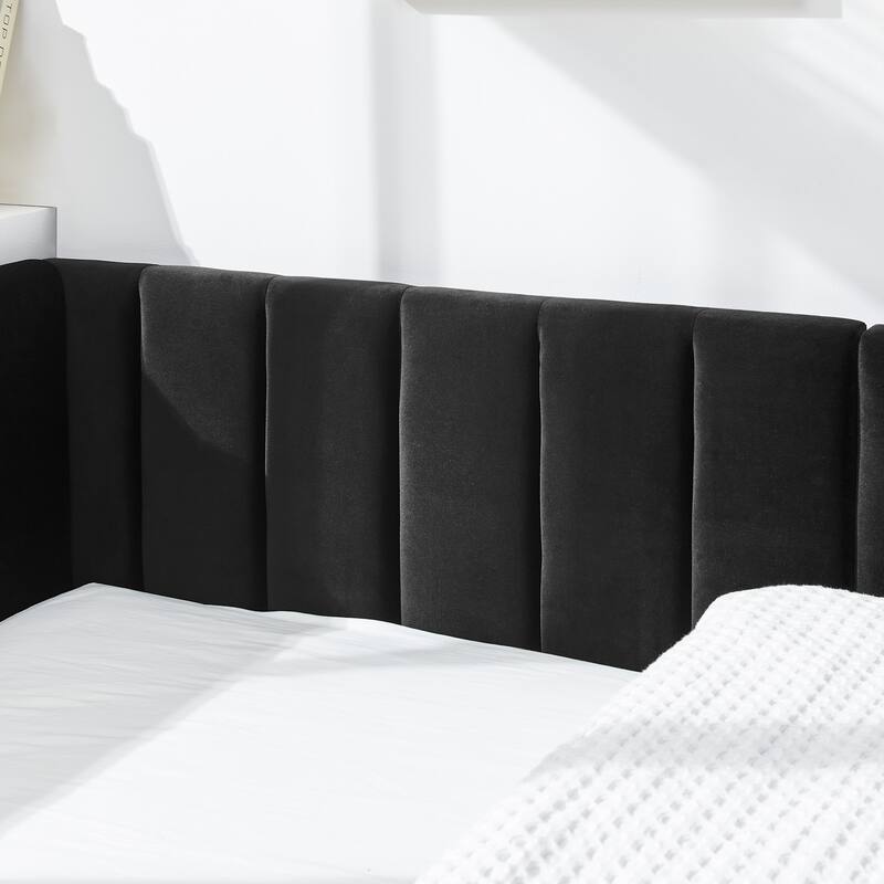 Roomfitters Full Upholstered Tufted Bed Frame with Backrest and Armrests, Velvet Sofa Bed for Bedroom or Living Room
