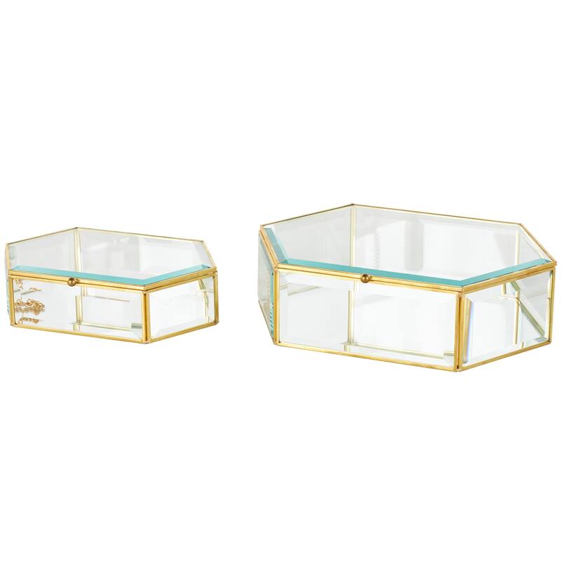 Clear Glass Beveled Hexagon Geometric Decorative Jewelry Box with Gold Metal Frame and Chain Accent (Set of 2)
