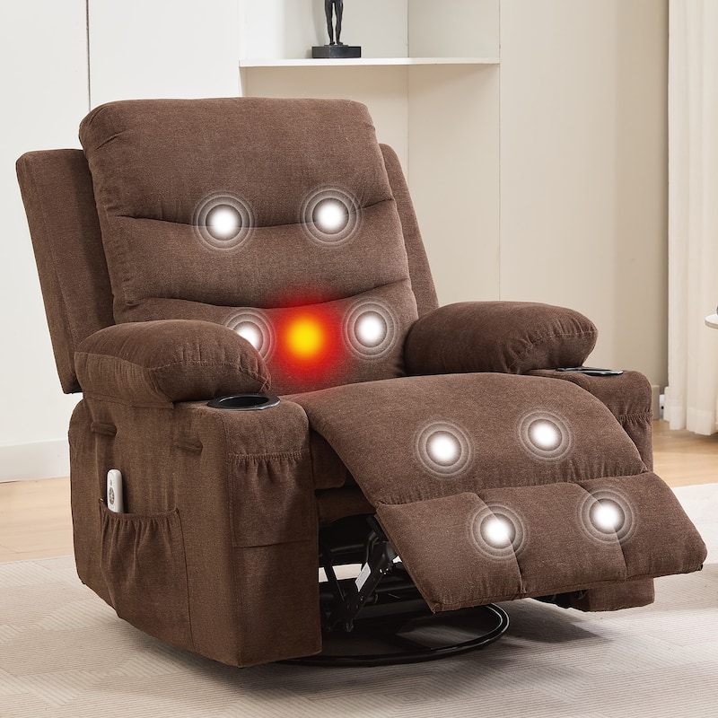 Swivel Rocker Recliner Chair with Massage and Heat, Oversized Reclining Sofa - Linen Brown