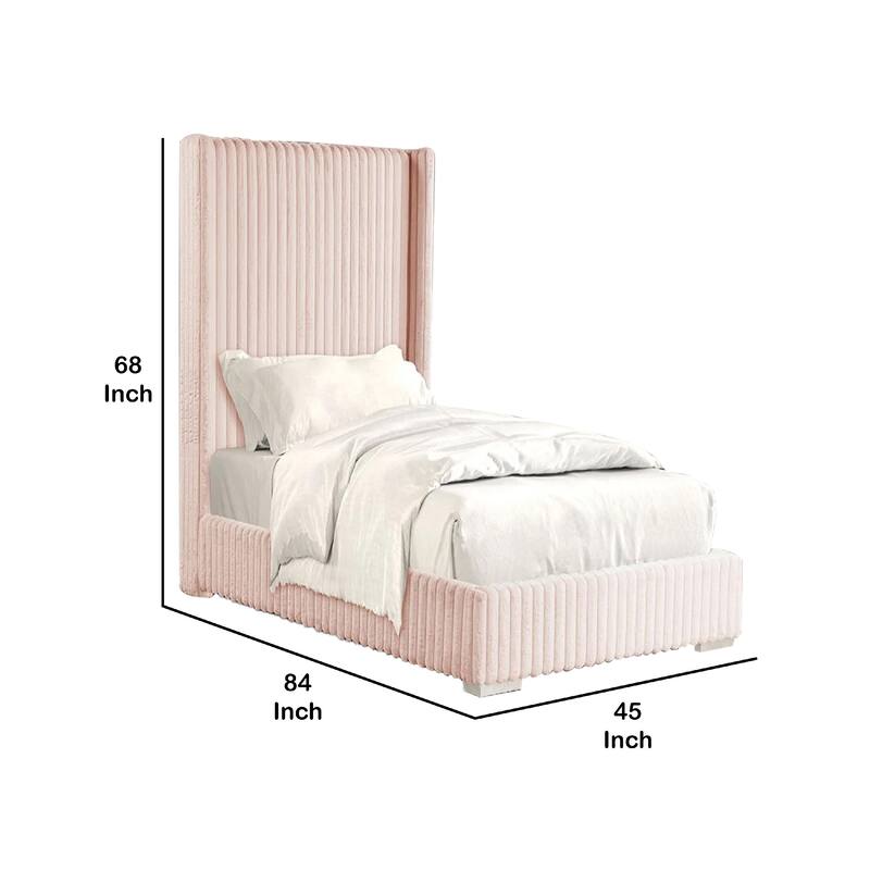 Wolo Twin Size Bed, Pink Channel Tufted Fur Chenille Upholstery