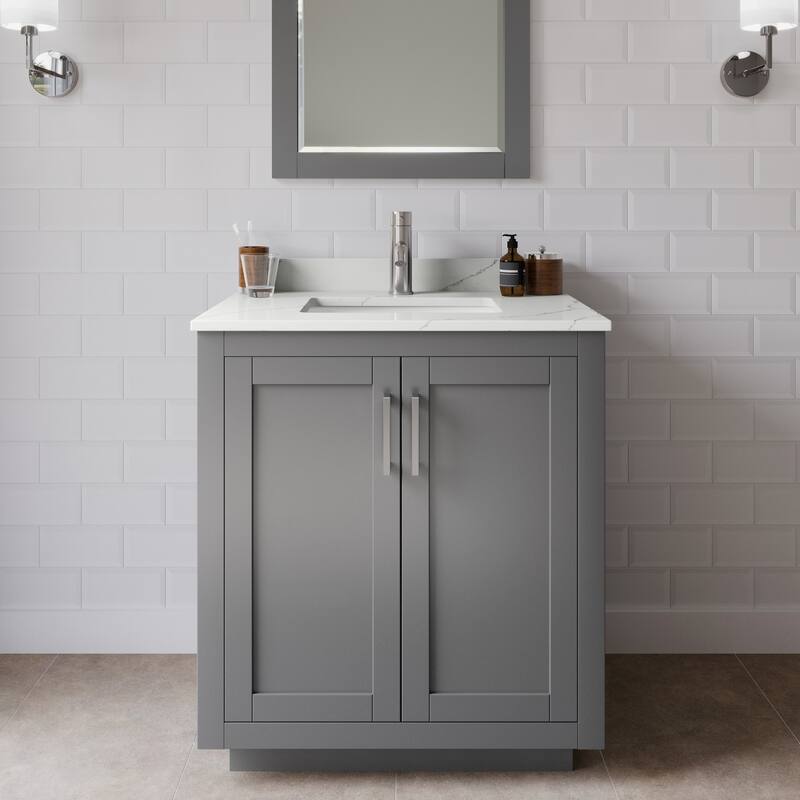 Wyndham Collection WCF292930S-QTZ-UNSM24 Miranda 30" Free Standing - Dark Gray / Giotto Quartz Top / Brushed Nickel