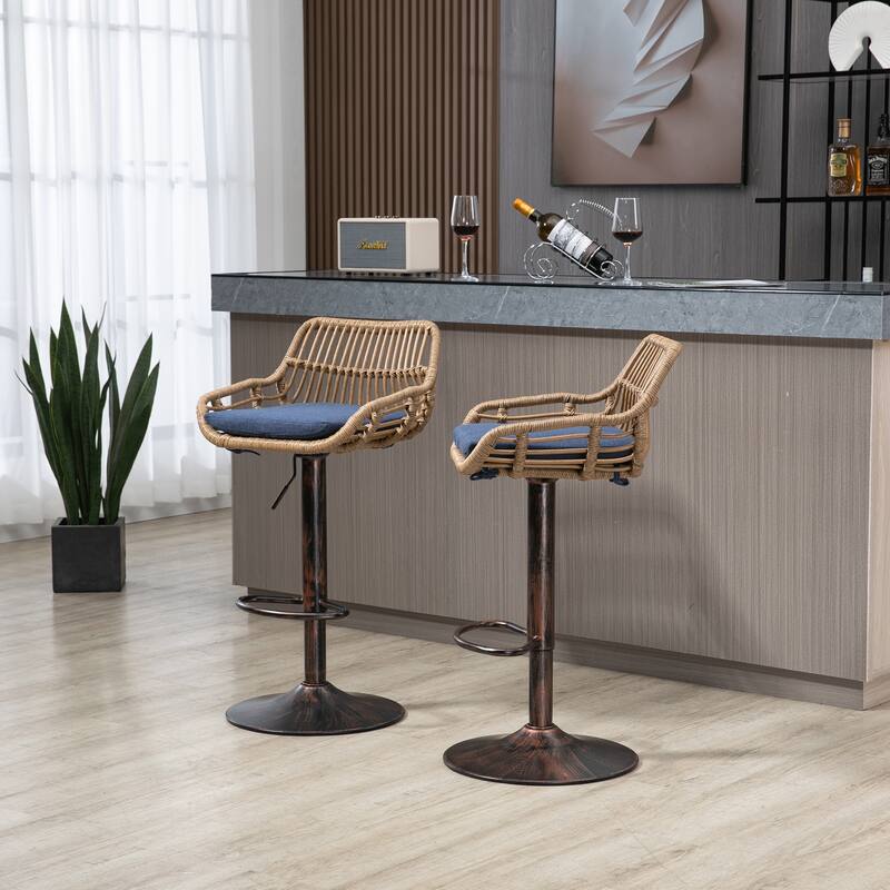 360° Swivel Bar Stools Set of 2, Adjustable Counter Height Chairs with Footrest, Rattan Bar Chairs with Cushions