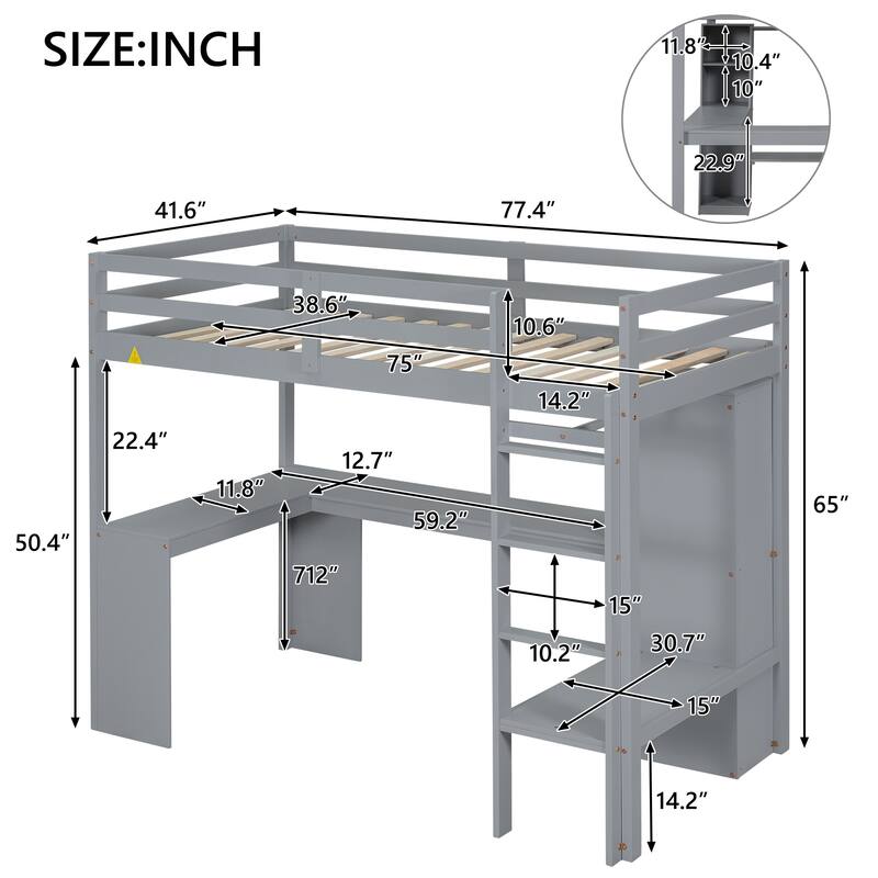 Solid Wood Loft Bed with L-shaped Desk and Storage Shelves