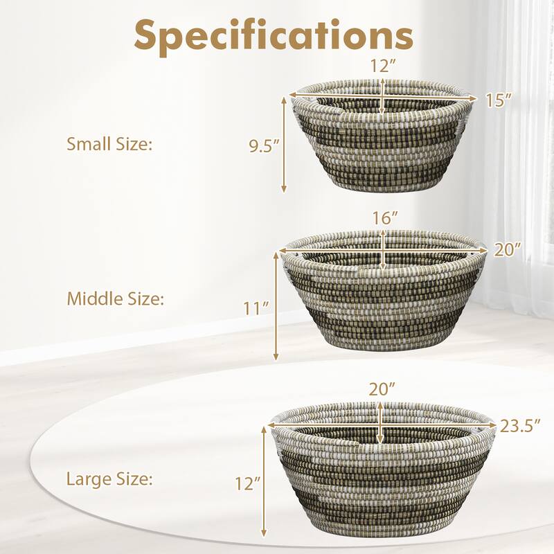 Gymax Natural Canes Grass Baskets Stackable Storage Bins Set of 3 w/