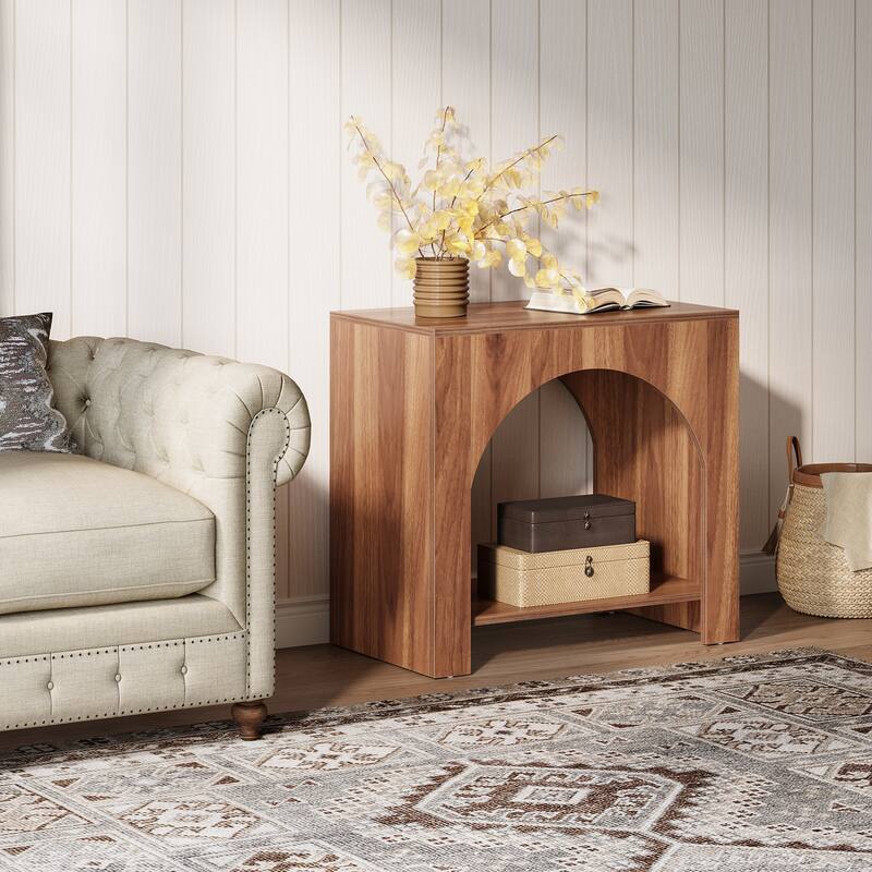 Rustic Wood End Table 2 Tier Side Table with Storage for Living Room