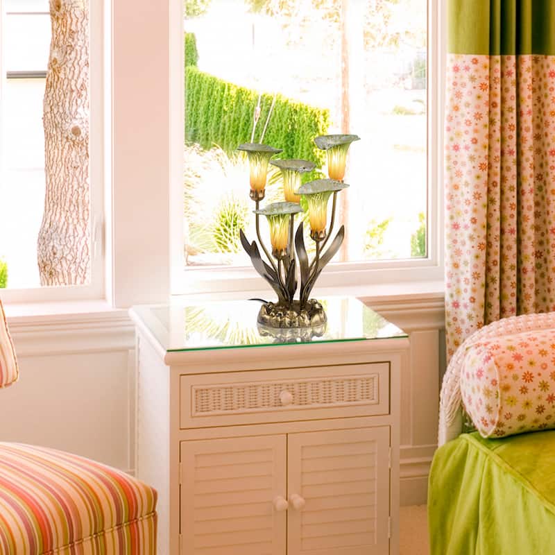 20-inch Antique Brass and Hand Blown Glass 5 Calla Lily Uplight Accent Lamp - 15" x 14" x 20"