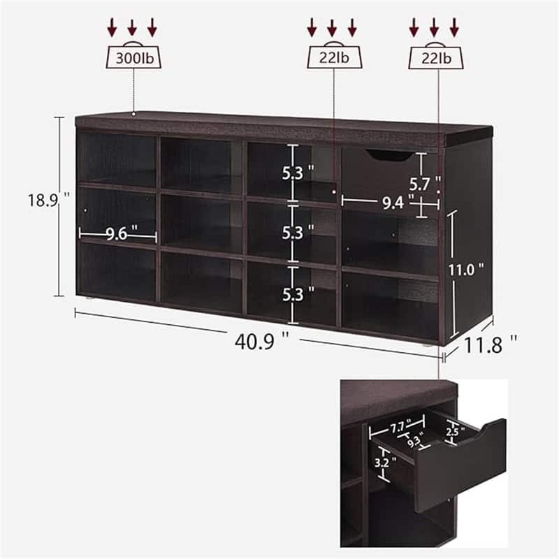 Shoe Bench - 11.8"D x 40.9"W x 18.9"H