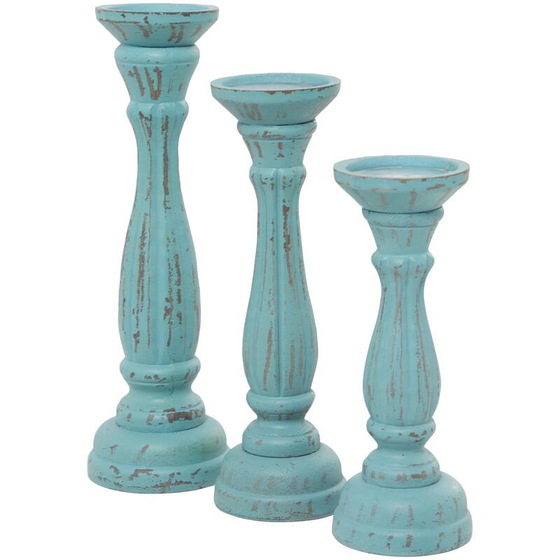 Wooden Distressed Turned Decorative Candle Holder - Set of 3 Gray, Brown, Blue, Green - Roche River Decor