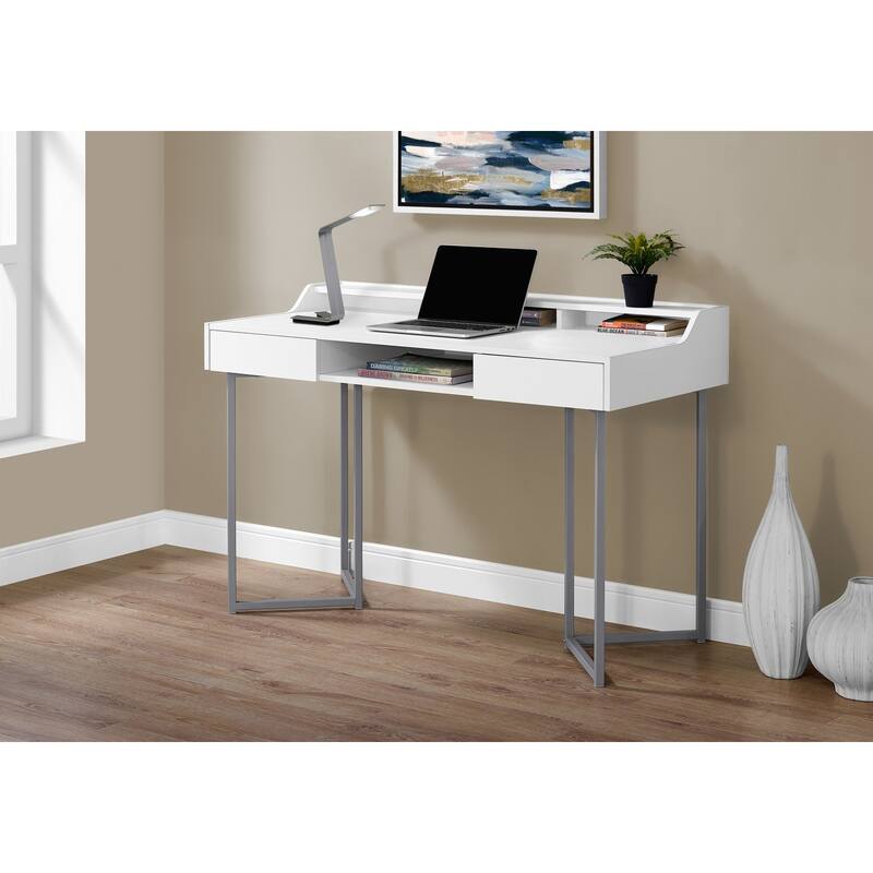 Modern 48" Computer Desk with Storage Drawers, Open Cubbies, and Metal Legs for Home Office or Laptop Workspace