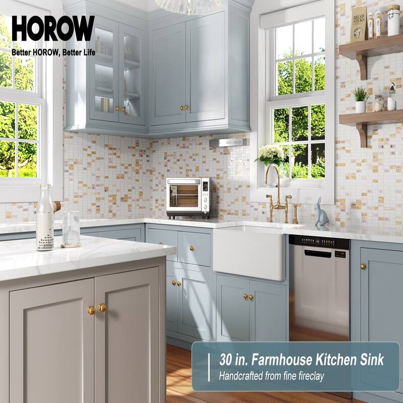 HOROW 30 in. Farmhouse/Apron-Front Single Bowl White Fireclay Kitchen Sink with Bottom Grid and Strainer