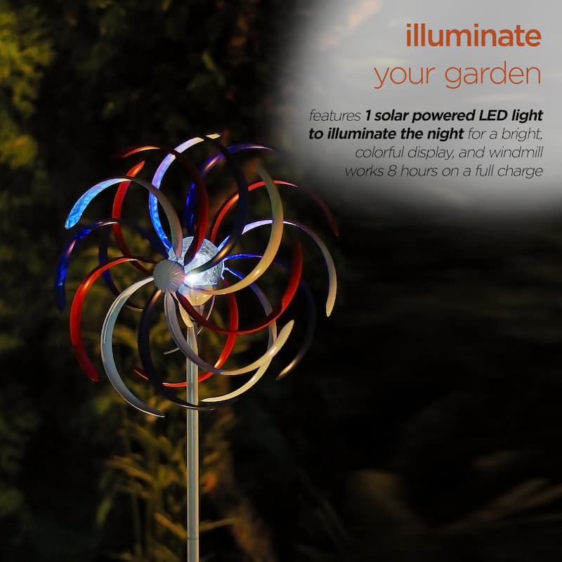 Alpine Corporation 68" Tall Outdoor Solar Powered Patriotic Dual Windmill Spinner Stake Yard Decoration, Red, White, and Blue