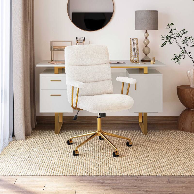 Textured Boucle Fabric Office Chair, Modern Height Adjustable Desk Chair with Padded Arms - White