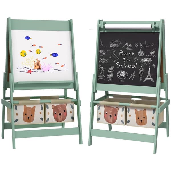 slide 2 of 10, Qaba Art Easel for Kids with Paper Roll, 3 in 1 Toddler Painting Easel with Blackboard, Whiteboard, Storage Baskets, Green Green