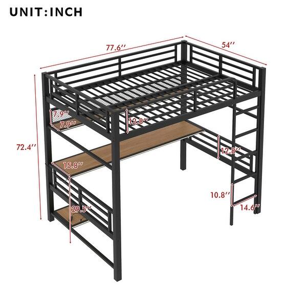 Full Size Metal Loft Bed with Ladder, Iron Mesh and Shelf, Storage Gaming Bed Frame with Desk and LED Light Strip
