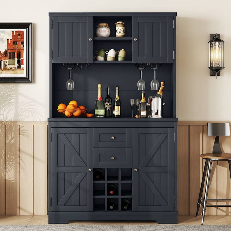 Coffee Bar Cabinet with Drawers and Shelves, Freestanding Kitchen Pantry with Cabinets, Wine Cabinet with Glass Racks