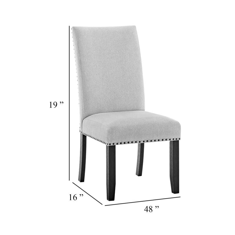 Viem Dining Chair Set of 2, Black Wood, Gray Fabric Seat, Nailhead Trim
