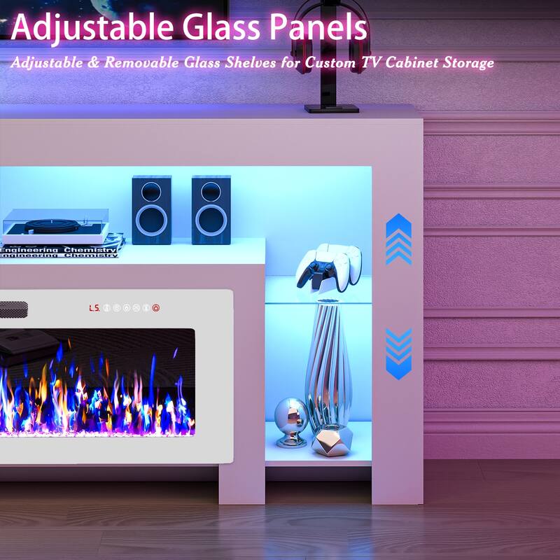 BOSSIN 82" Electric Fireplace TV Stand Entertainment Center, High Gloss with LED Lights, Holds TVs Up to 90 Inches, White