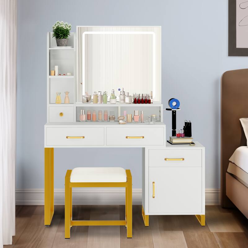 Moasis Vanity Table Set LED Mirror Makeup Desk with Wider Storage Dresser Bedroom - 37.4''L x 15.3''W x 53.9''H