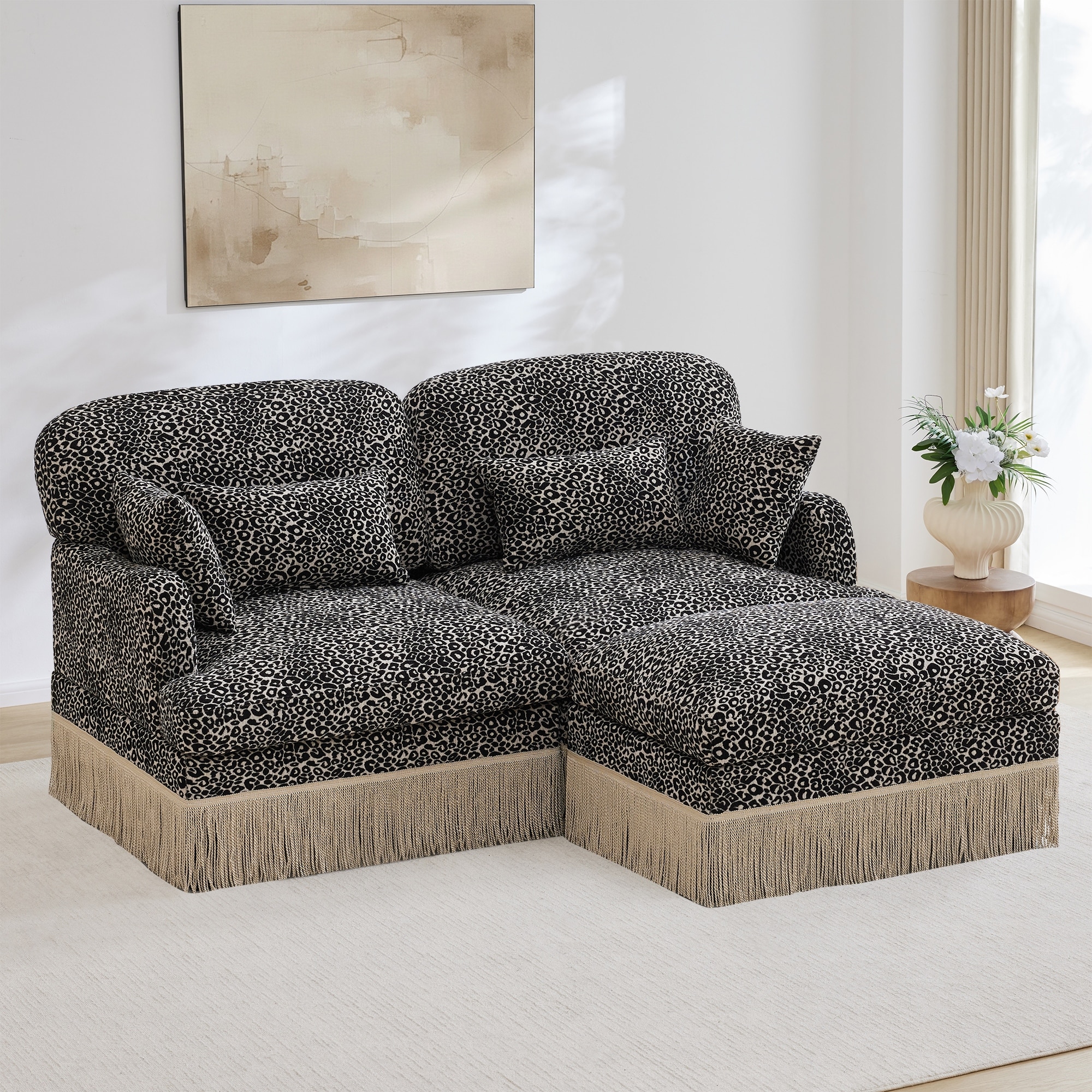 GDFStudio - 69" Leopard Print Chenille 2-Seater Modular Loveseat with Tassel Edge and Movable Ottoman