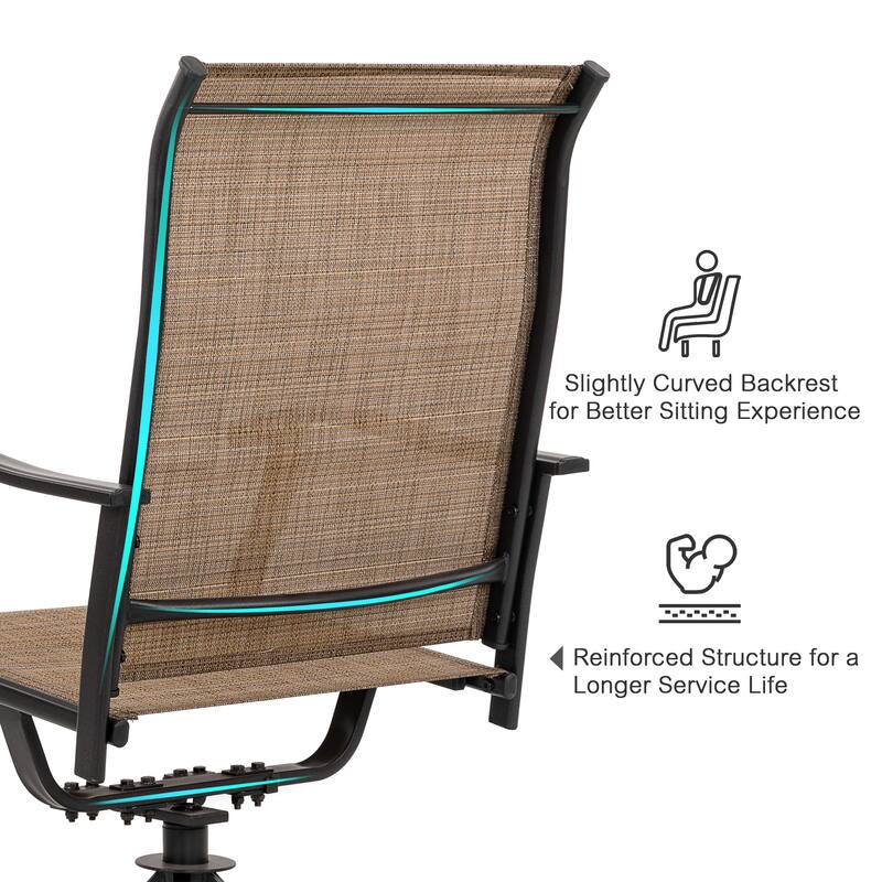 Brown Swivel Textilene and Iron Outdoor Patio Chairs with Powder-coated Finish