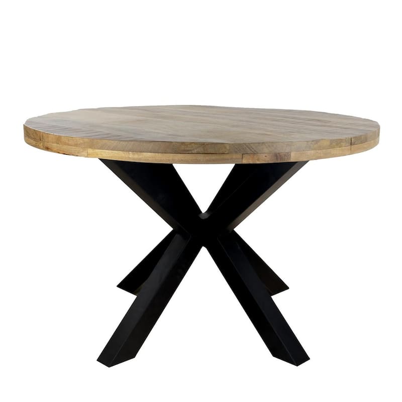 47" Diameter Industrial Round Dining Table with Solid Mango Wood Top and Black Iron Base - Brown