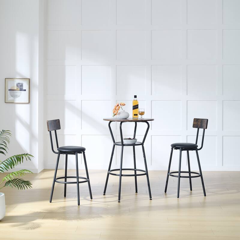Industrial 3-Piece Round Bar Table and Stool Set with Comfortable Backrest and Storage Shelf for Small Dining Areas