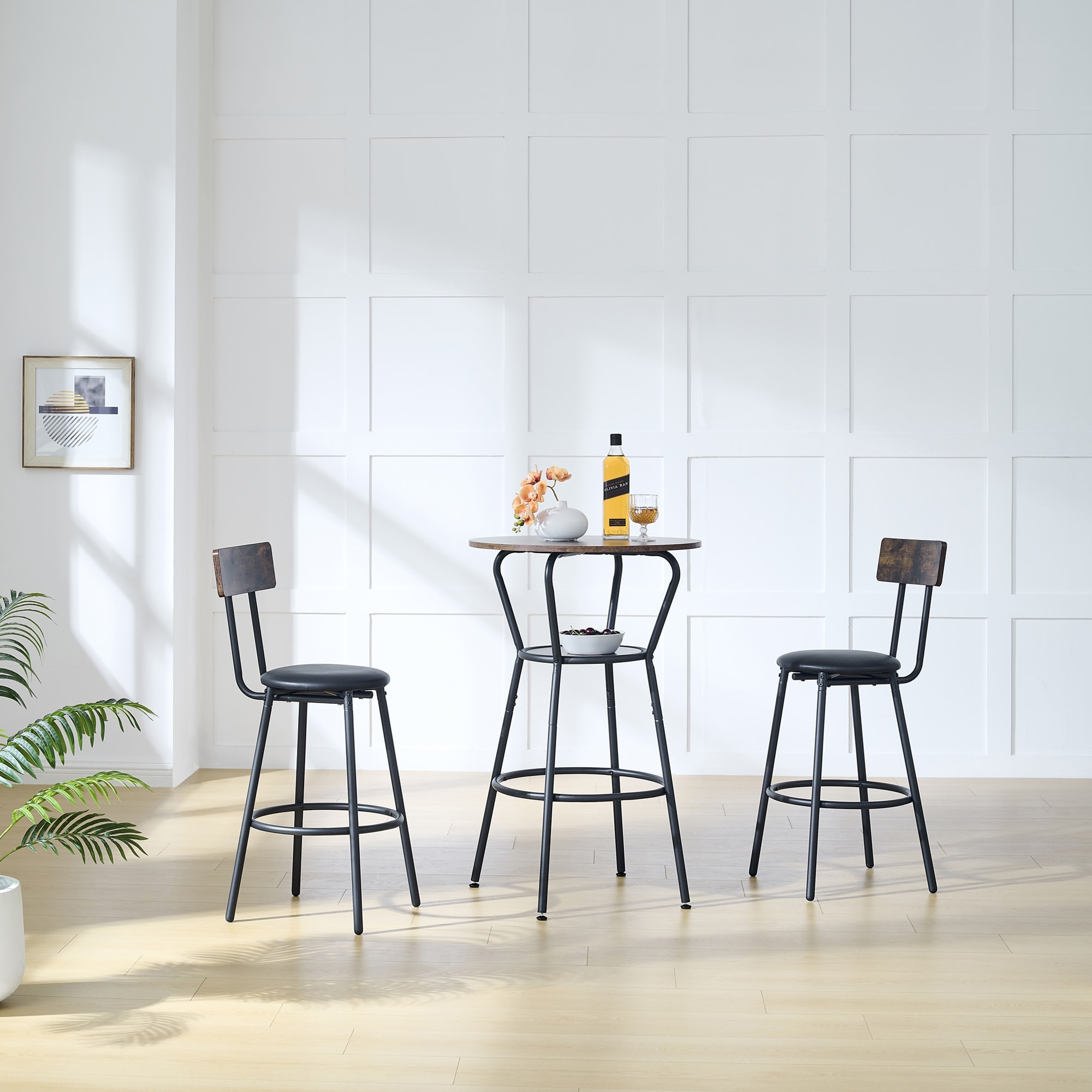 Round Bar Table and Stool Set with Storage Racks, Pieces Dining