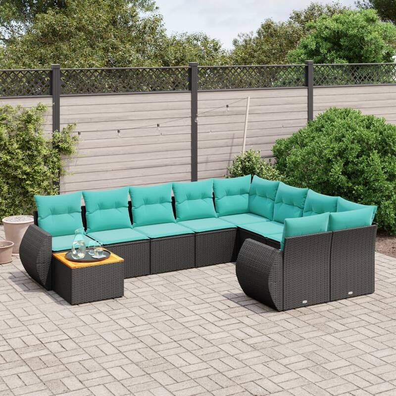 vidaXL Patio Sofa Set with Cushions Outdoor Furniture 10 Piece Poly Rattan - 24.4x 24.4x 27.2 - Black-2x corner+table+2x sofa+5x middle