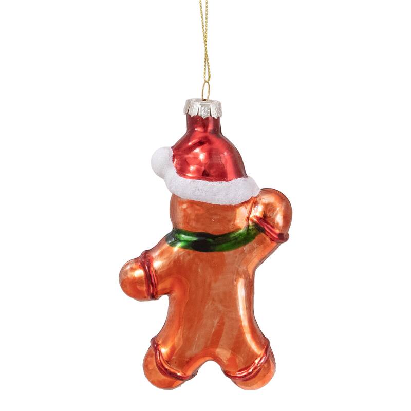 Gingerbread Man with Santa Hat Hanging Glass Christmas Ornament - 5" - Brown
