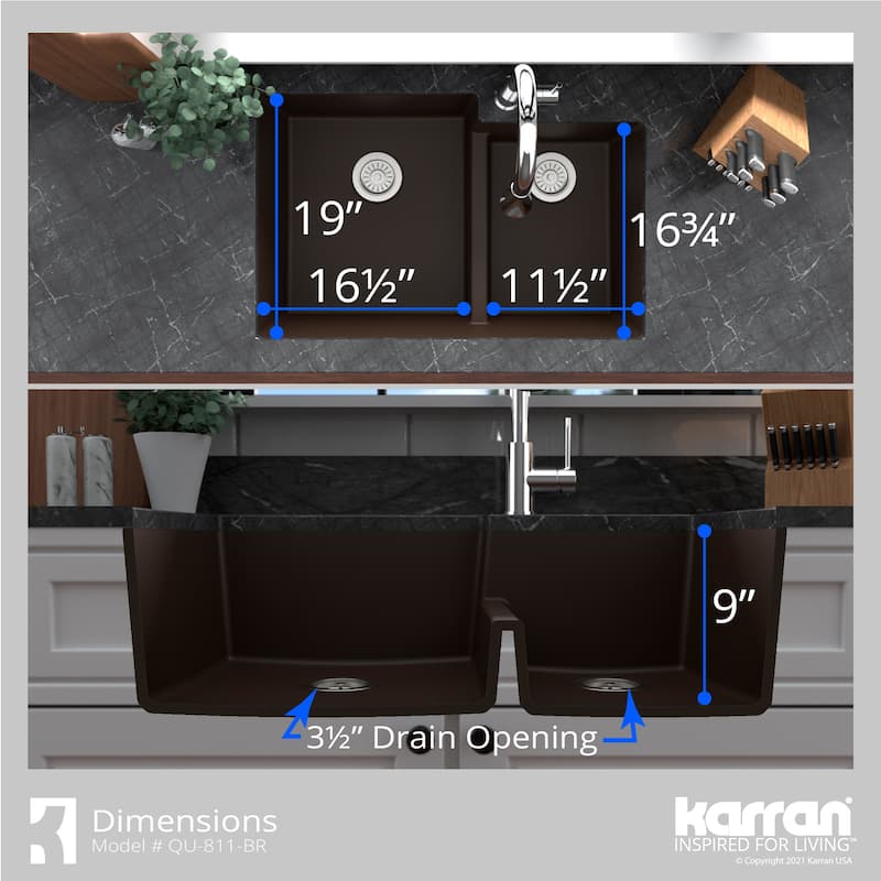 Karran Undermount Large/Small Bowl Quartz Kitchen Sink - 32" x 21.25" x 9" - 32" x 21.25" x 9"