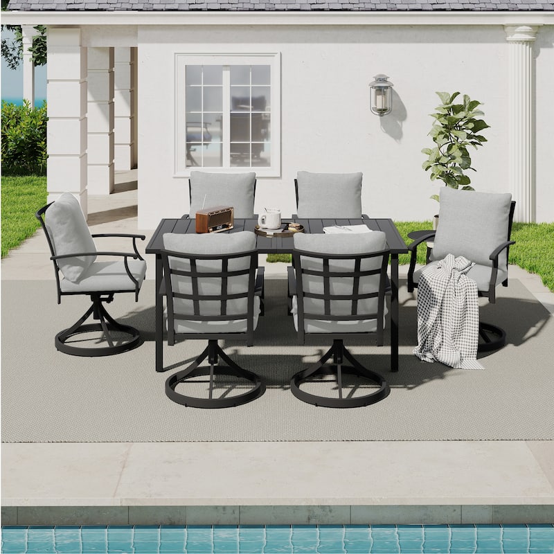 IvyGlow 7-Piece Black Metal Patio Dining Set with Rectangular Table, 6 Swivel Dining Chairs and Gray Cushions