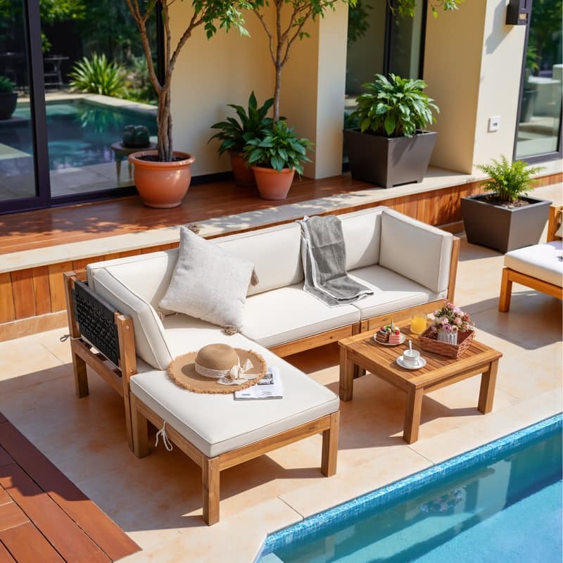 Furniwell Acacia Wood Patio Conversation Set Rope Woven Outdoor Sectional Sofa with Table and Cream Cushions - 5 set