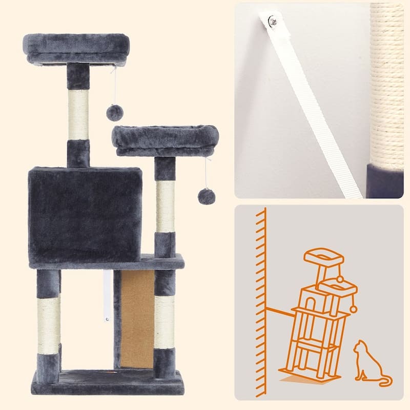 Faux Fur Multi-Level 45.3-Inch Cat Condo with Sisal Scratching Post and Cozy Perches