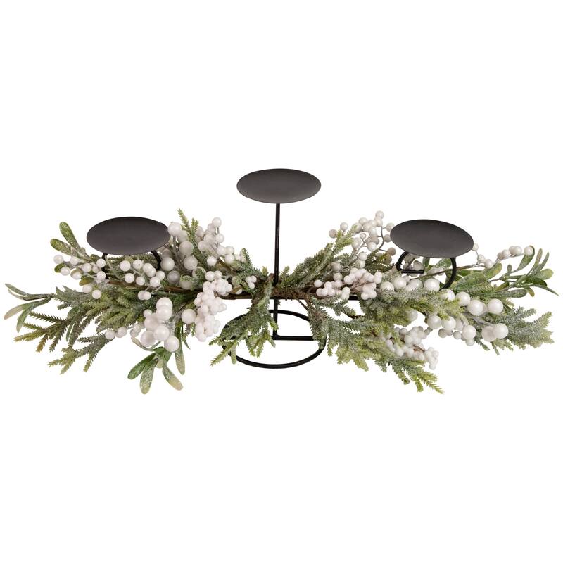 26" Triple Candle Holder with Frosted Foliage and Berries Christmas Decor